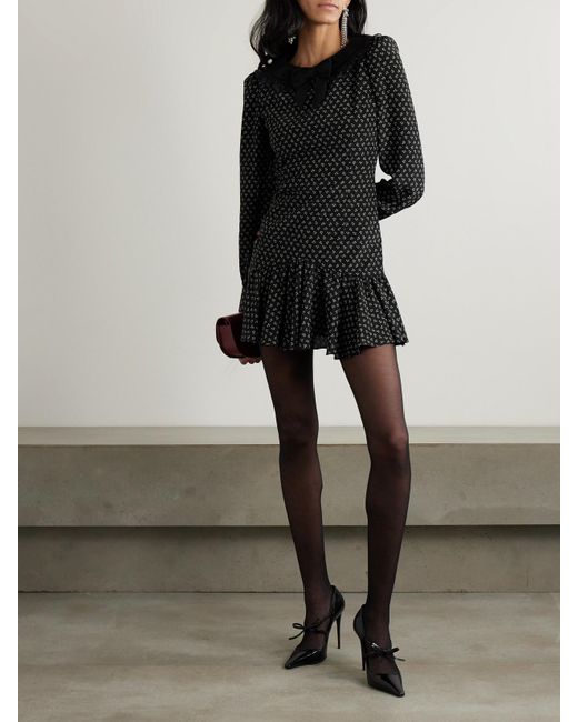 Alessandra Rich Black Minikleid Aus Crêpe De Chine Aus Seide Mit Blumenprint, Volant Sowie Besätzen Aus Samt Und Tüll