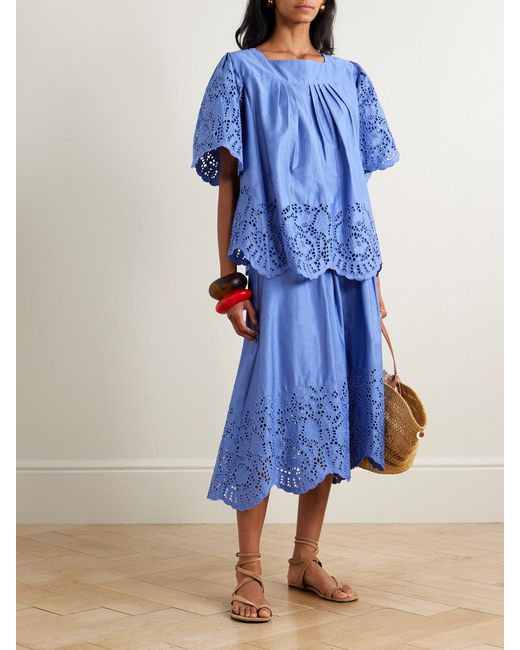 Thierry Colson Blue Scarletta Pleated Broderie Anglaise Cotton-Poplin Blouse
