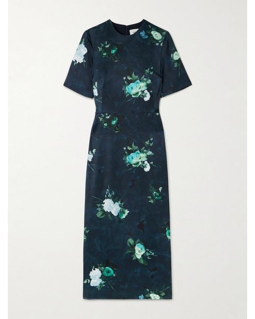 Erdem Blue Abstract Rose Print Short Sleeve Cocktail Dress