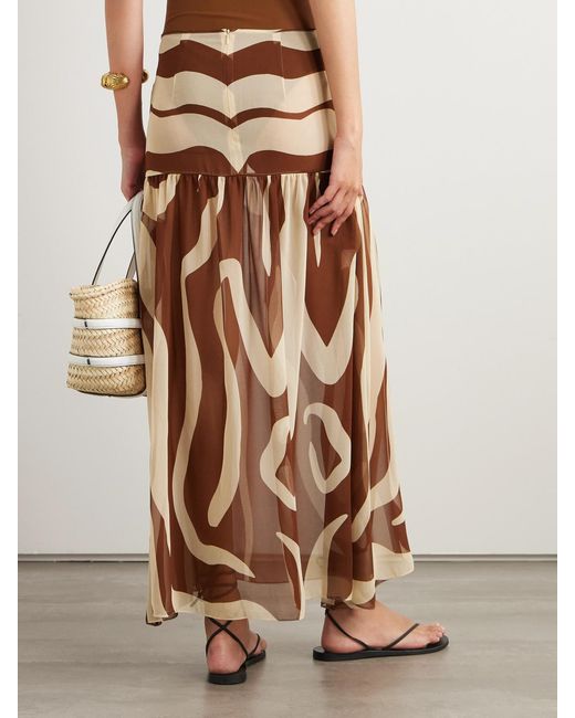 Johanna Ortiz Brown Bohemia Gathered Printed Recycled-Chiffon Maxi Skirt