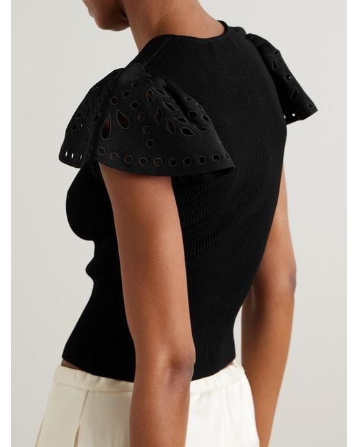 Ulla Johnson Black Edith Embroidered Ruffled Ribbed-Knit Top