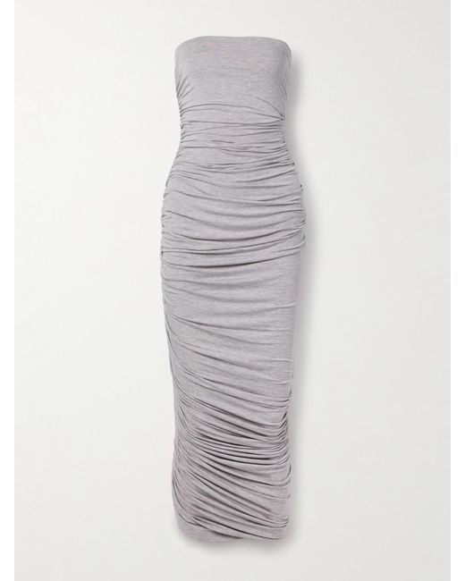 Norma Kamali White Diana Asymmetrisches, Trägerloses Midikleid Aus Stretch-Jersey Mit Raffungen