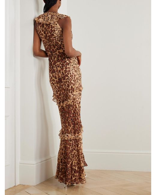 Saloni Natural Rita Ruffled Cheetah-Print Crepon Gown