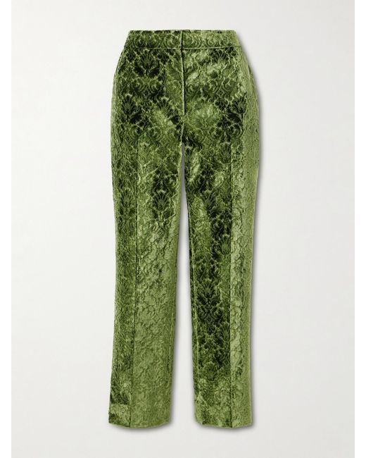 Burberry Green Velvet-Jacquard Straight-Leg Pants