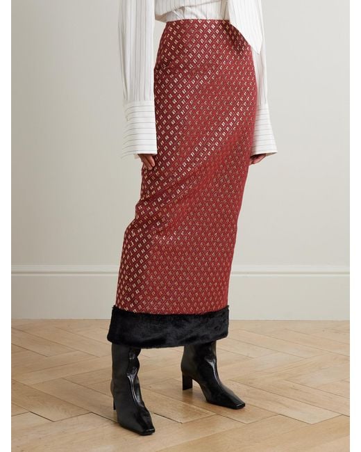 D'Estree Red Monica Plush-Trimmed Metallic Jacquard Midi Skirt
