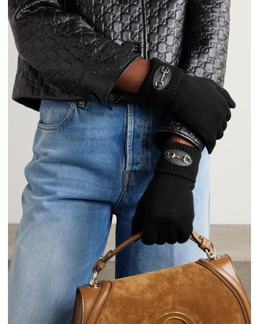 Gucci Black Horsebit-Detailed Leather-Trimmed Wool Gloves
