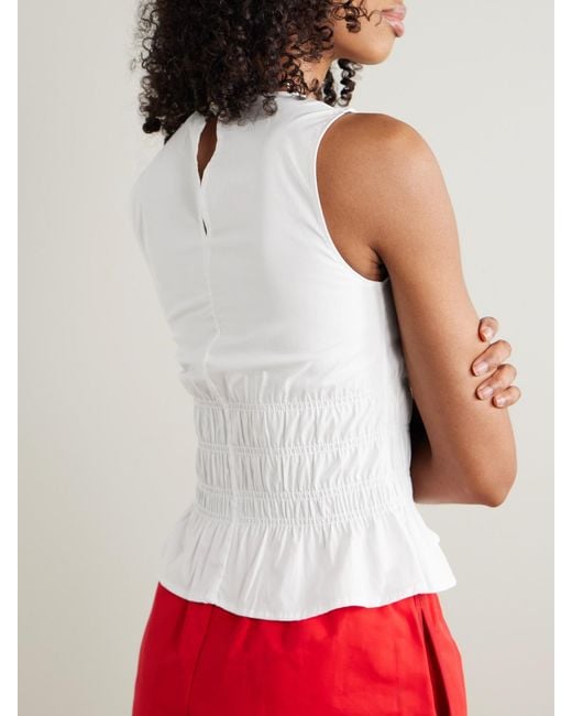 Staud White Culver Shirred Cotton-Blend Poplin Peplum Top