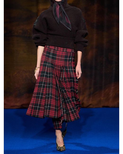 Burberry Red Buckled Pleated Checked Woven Midi Skirt