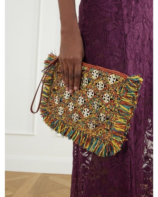 Rabanne Multicolor Leather-Trimmed Fringed Woven Raffia Clutch