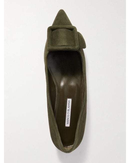 Manolo Blahnik Green Maysale Buckled Suede Point-Toe Flats