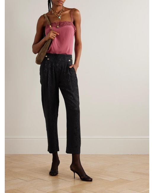 Maison Mayle Black Vali Embellished Pleated Silk-Jacquard Tapered Pants
