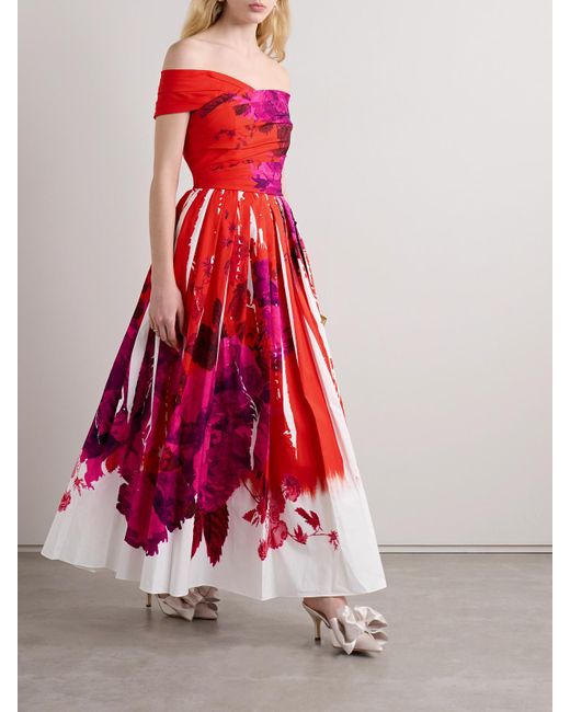 Erdem Red Off-The-Shoulder Pleated Printed Cotton-Faille Midi Dress