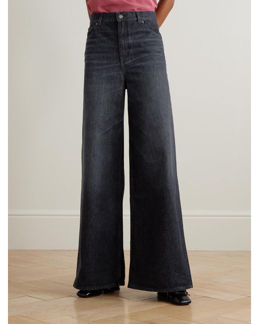 Chloé Blue Leather-Trimmed High-Rise Wide-Leg Jeans
