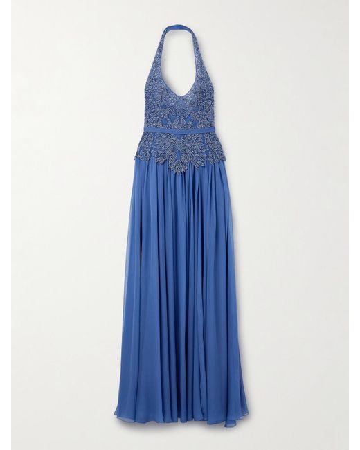 Zuhair Murad Blue Silk Crepe De Chine And Embellished Tulle Halterneck Gown