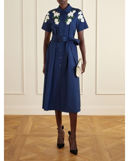 Carolina Herrera Blue Belted Floral-Embroidered Cotton-Blend Midi Dress