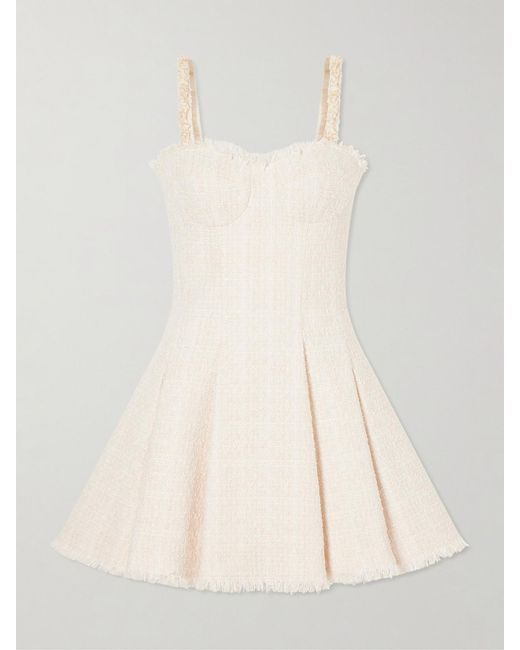 Balmain Natural Embellished Pleated Tweed Mini Dress