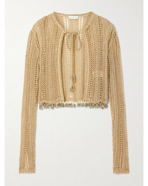 Rabanne Natural Bead-Embellished Metallic Open-Knit Cardigan
