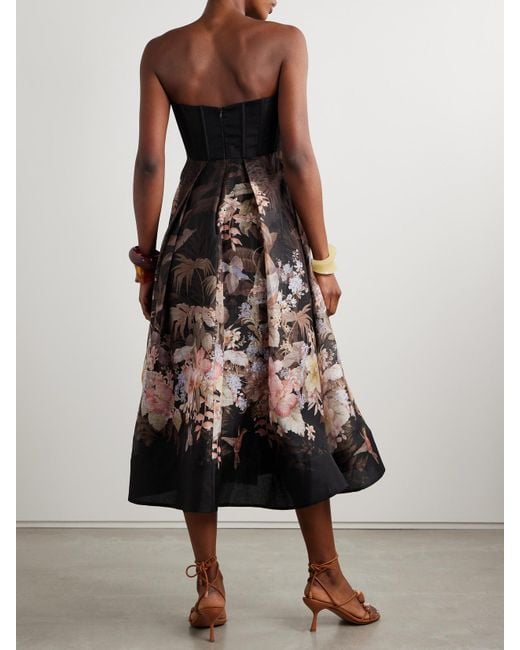 Zimmermann Black Illuminate Strapless Floral-Print Linen And Silk-Blend Midi Dress