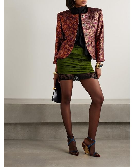 Saint Laurent Red Crystal-Embellished Wool-Blend Brocade Jacket