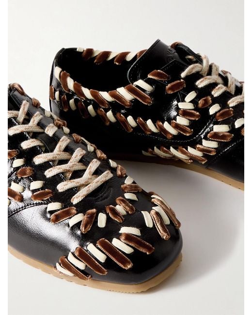 Dries Van Noten Black Cord And Velvet-Trimmed Glossed-Leather Sneakers