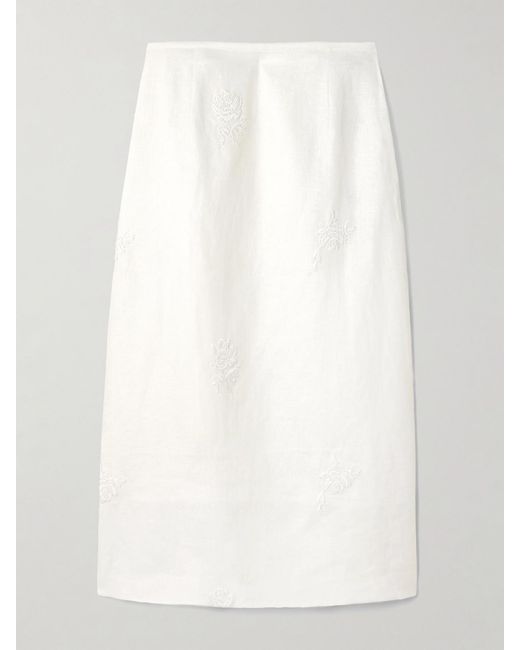 Sir White Alessandra Embroidered Linen Midi Skirt