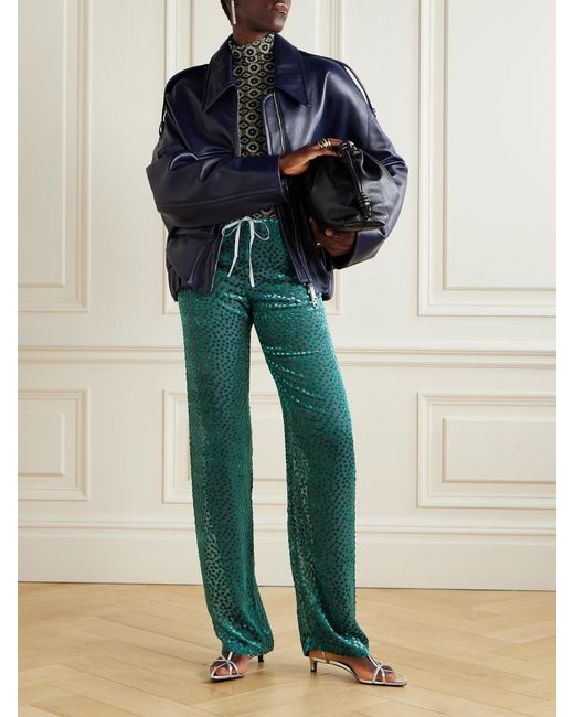 Dries Van Noten Green Polka-Dot Devoré-Velvet Straight-Leg Pants