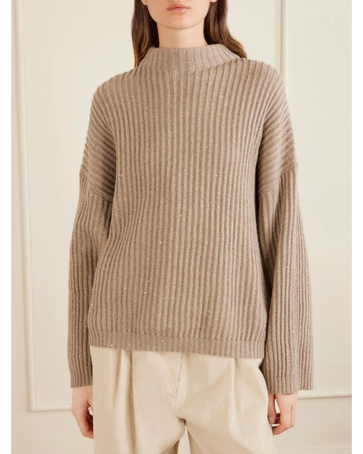 Brunello Cucinelli Natural Sequined Ribbed-Knit Sweater