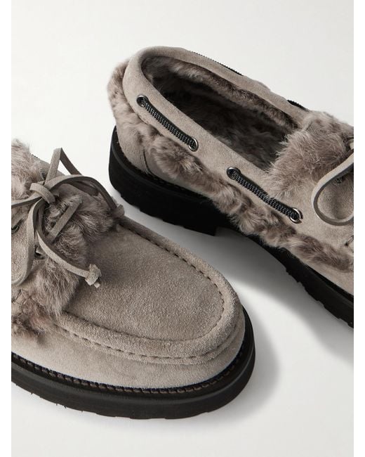Brunello Cucinelli Brown Loafers Aus Veloursleder Mit Shearling-Besätzen Und Zierperlen