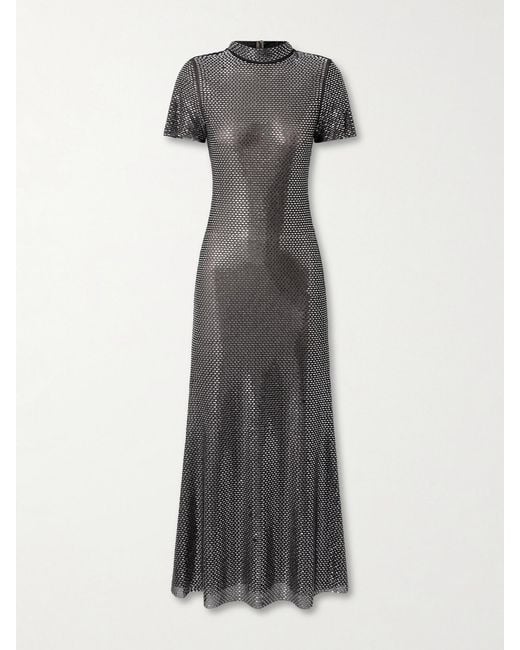 Self-Portrait Gray Crystal-Embellished Mesh Midi Dress