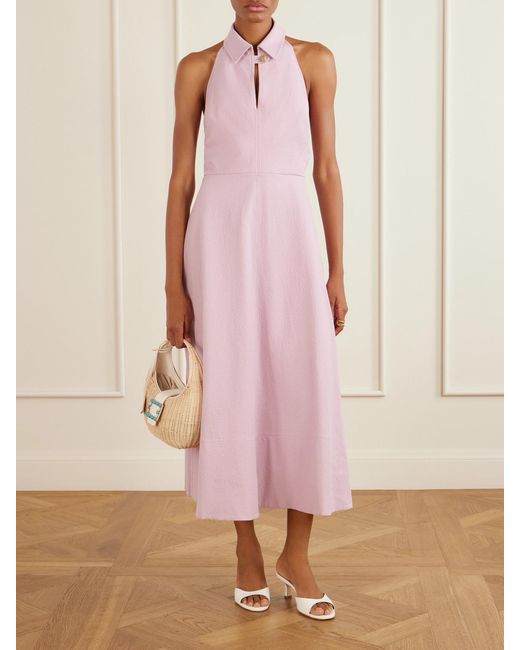Veronica Beard Pink Mackey Cotton-Blend Seersucker Halterneck Midi Dress
