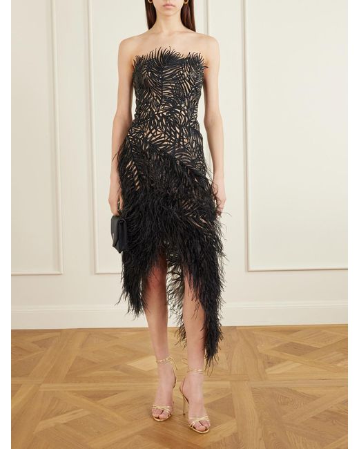Oscar de la Renta Black Strapless Feather-Trimmed Embroidered Mesh Mini Dress