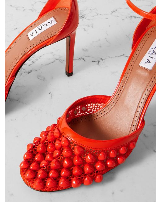 Alaïa Red 90 Embellished Fishnet And Patent-Leather Pumps
