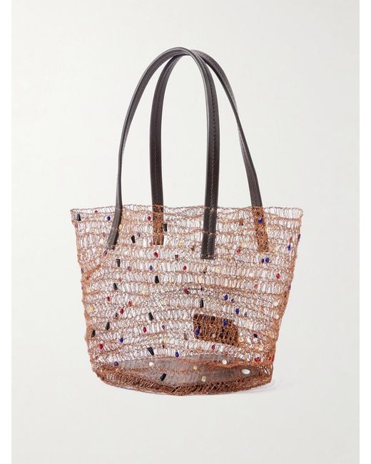 Staud Pink Jewel Leather-Trimmed Embellished Crocheted Bucket Bag
