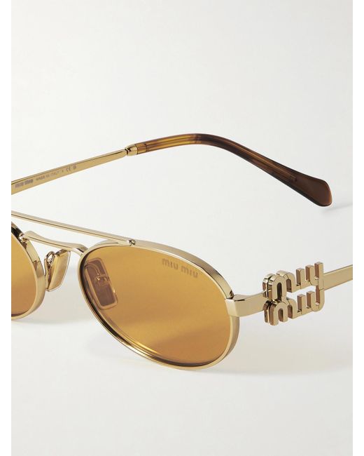 Miu Miu Natural Goldfarbene Sonnenbrille Mit Ovalem Rahmen