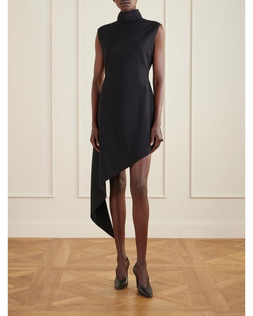 Alaïa Black Asymmetric Wool-Blend Gabardine Turtleneck Mini Dress