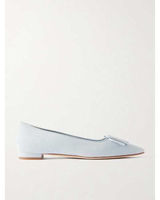 Manolo Blahnik White Maysale Buckled Suede Point-Toe Flats