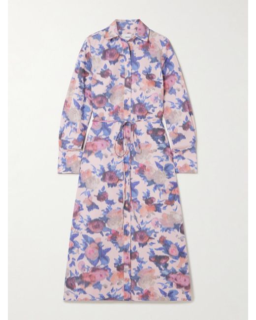 Erdem Purple Belted Floral-Print Cotton-Poplin Midi Shirt Dress