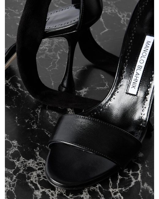 Manolo Blahnik Black Chastana 105 Suede-Trimmed Leather Sandals
