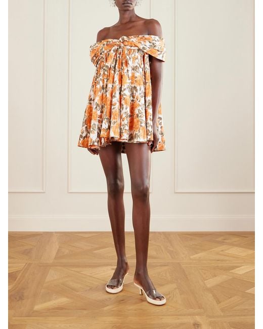 Chloé Orange Off-The-Shoulder Gathered Floral-Print Cotton-Poplin Mini Dress