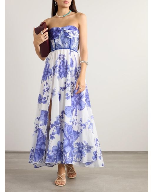 Charo Ruiz Blue Kolay Strapless Smocked Floral-Print Cotton-Blend Maxi Dress