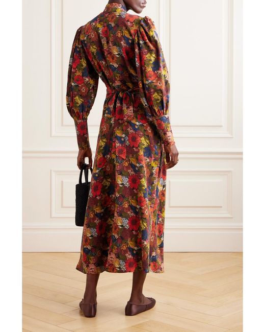 Doen Red Blossom Pussy-Bow Floral-Print Silk-Crepe Maxi Dress