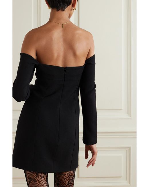LIBEROWE Black Net Sustain Off-The-Shoulder Gathered Wool Mini Dress
