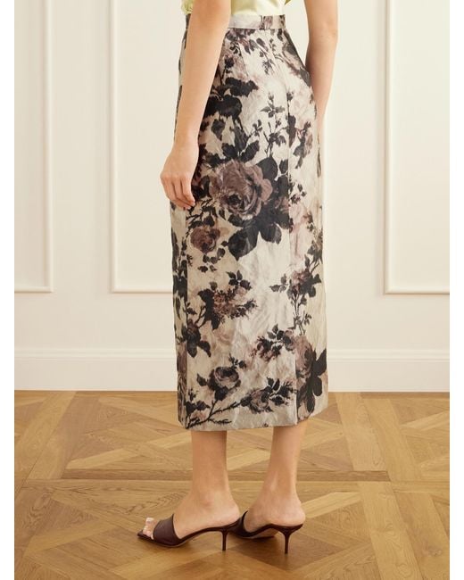 Erdem Gray Floral-Print Crinkle Satin Midi Skirt