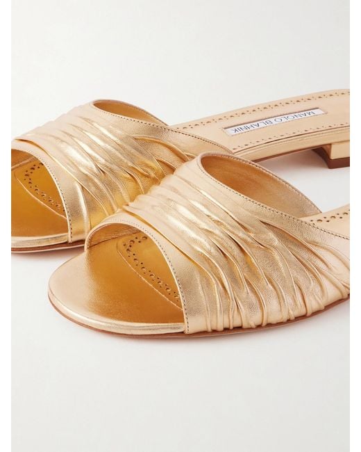 Manolo Blahnik Natural Parua Pleated Metallic Leather Slides
