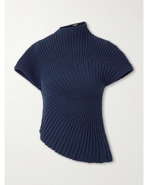 Cult Gaia Blue Annemie Asymmetric Ribbed Cotton Top
