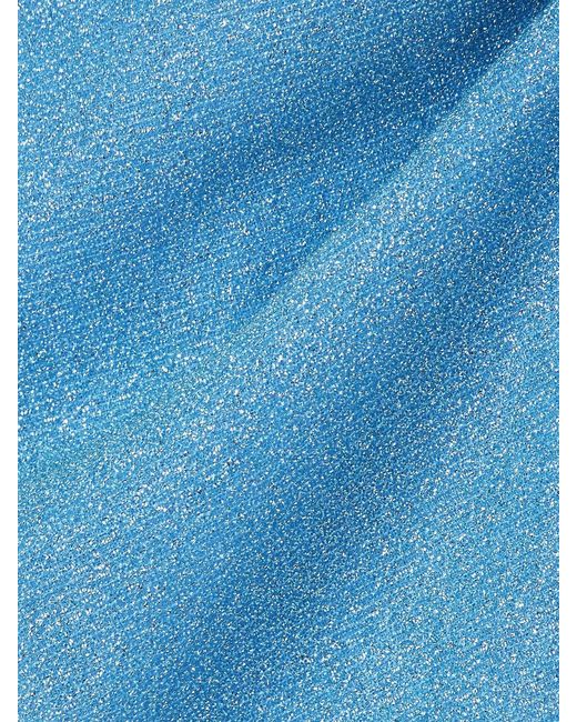Oseree Blue Lumière Rose Appliquéd Metallic Stretch-Knit Mini Dress