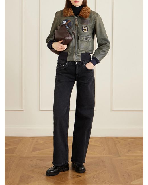 RRL Green Harper Plush-Trimmed Appliquéd Leather Bomber Jacket