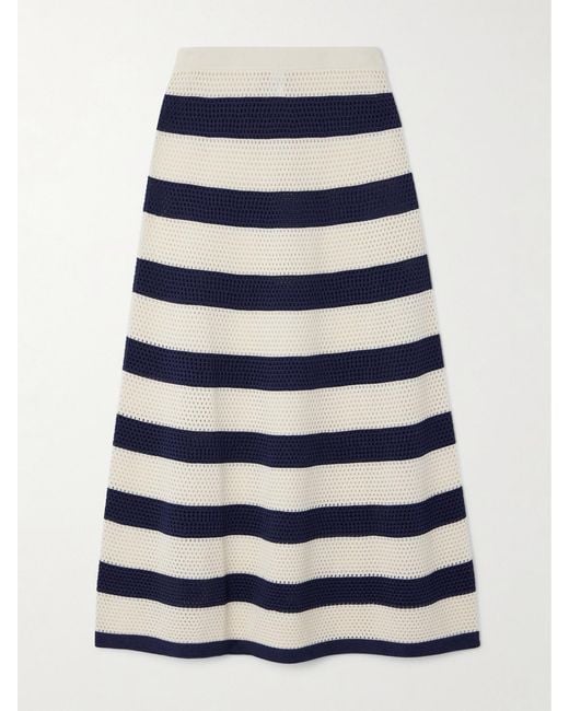Eres Blue Bayadere Bateau Striped Open-Knit Cotton-Blend Midi Skirt