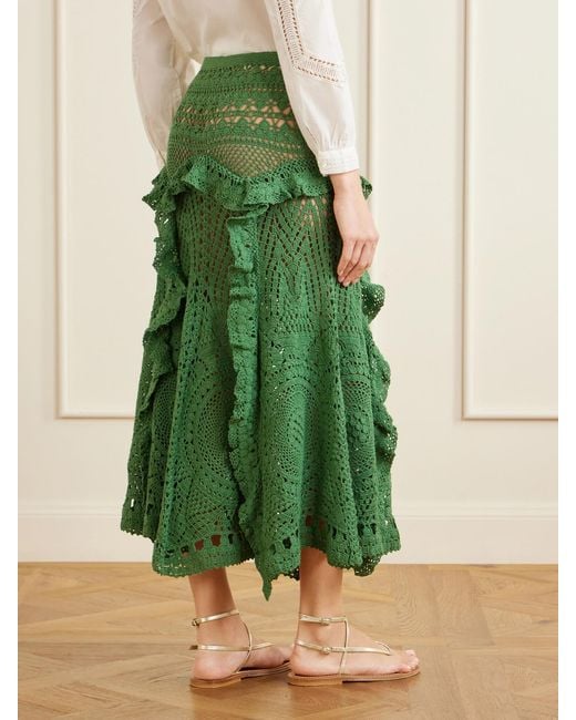Ulla Johnson Green Floretta Ruffled Crocheted Cotton Midi Skirt