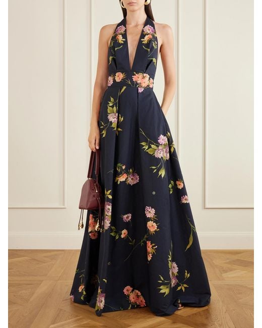 Elie Saab Blue Pleated Floral-Print Cotton-Poplin Halterneck Gown